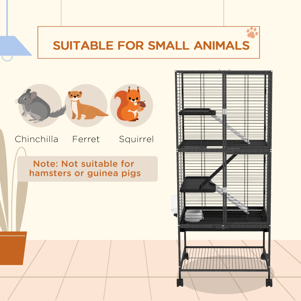 PawHut 136cm Rolling Ferret Cage with 3 Doors & Storage Shelf