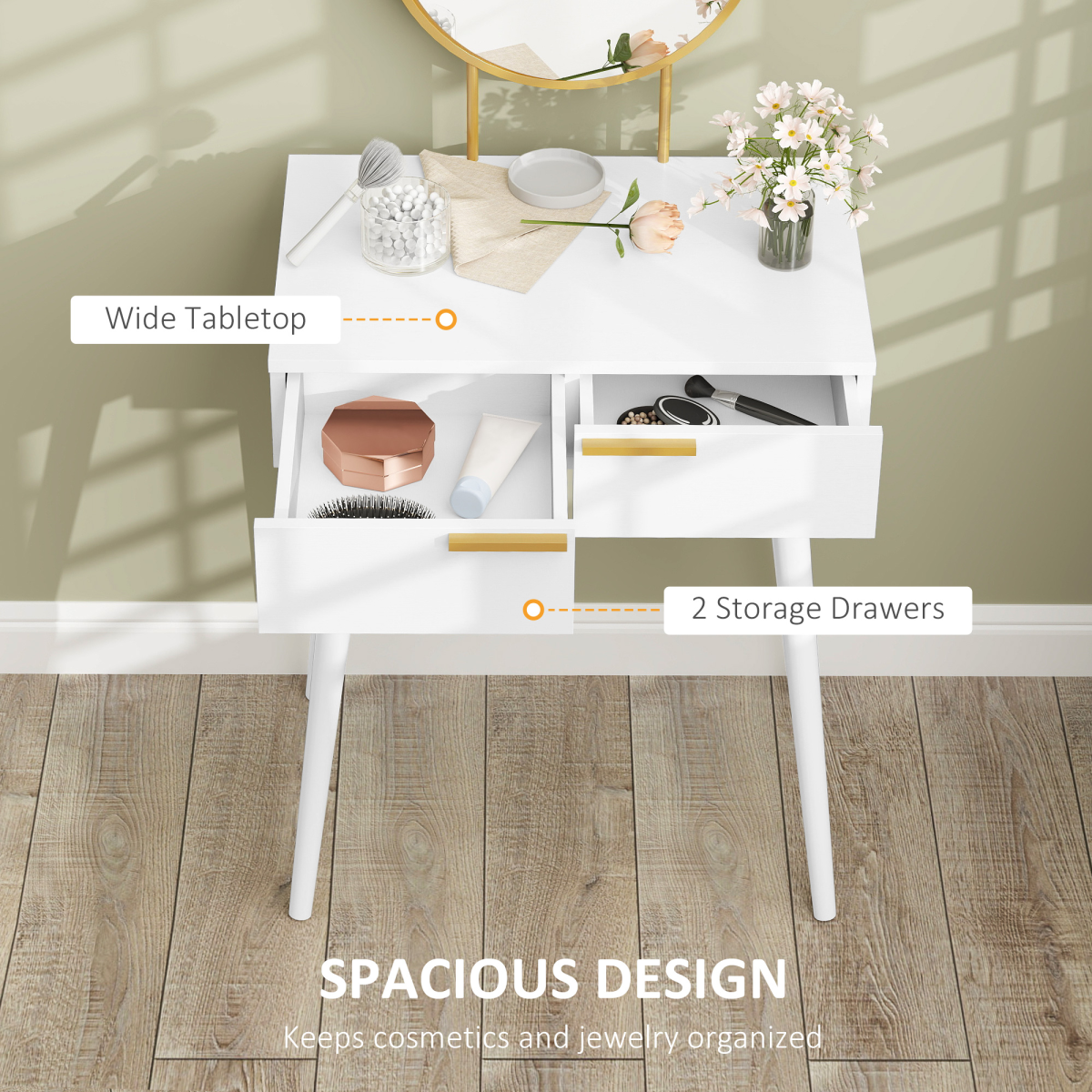 HOMCOM Modern Dressing Table with 2 Drawers & Round Mirror, White