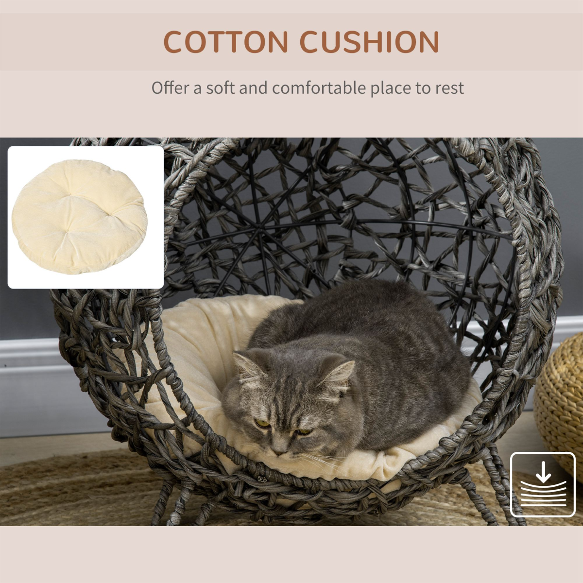 PawHut Elevated Rattan Cat House with Cushion, Grey
