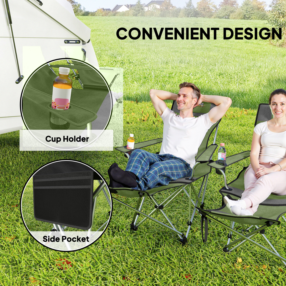 Outsunny Set of 2 Reclining Camping Chairs with Headrest and Cup Holder