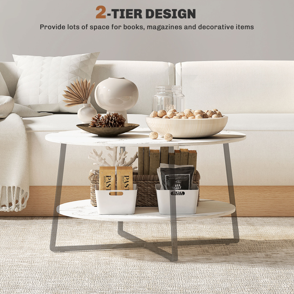 HOMCOM Round Coffee Table with Storage Shelf, Marble-Effect Top, White