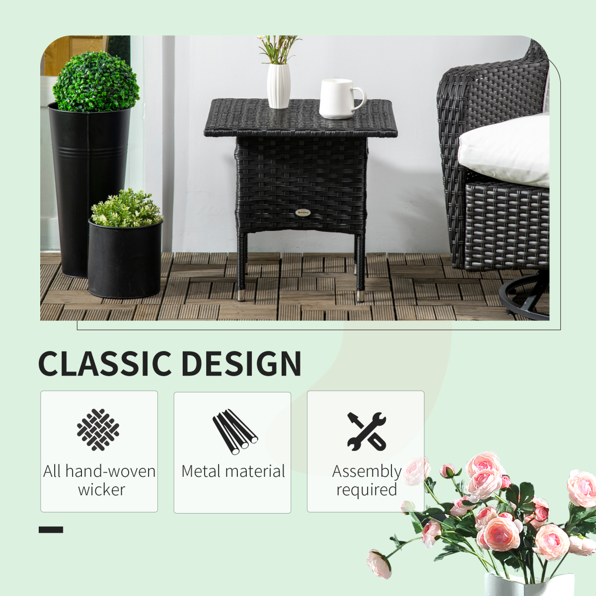 Outsunny PE Rattan Outdoor Side Table, Steel Frame, Black