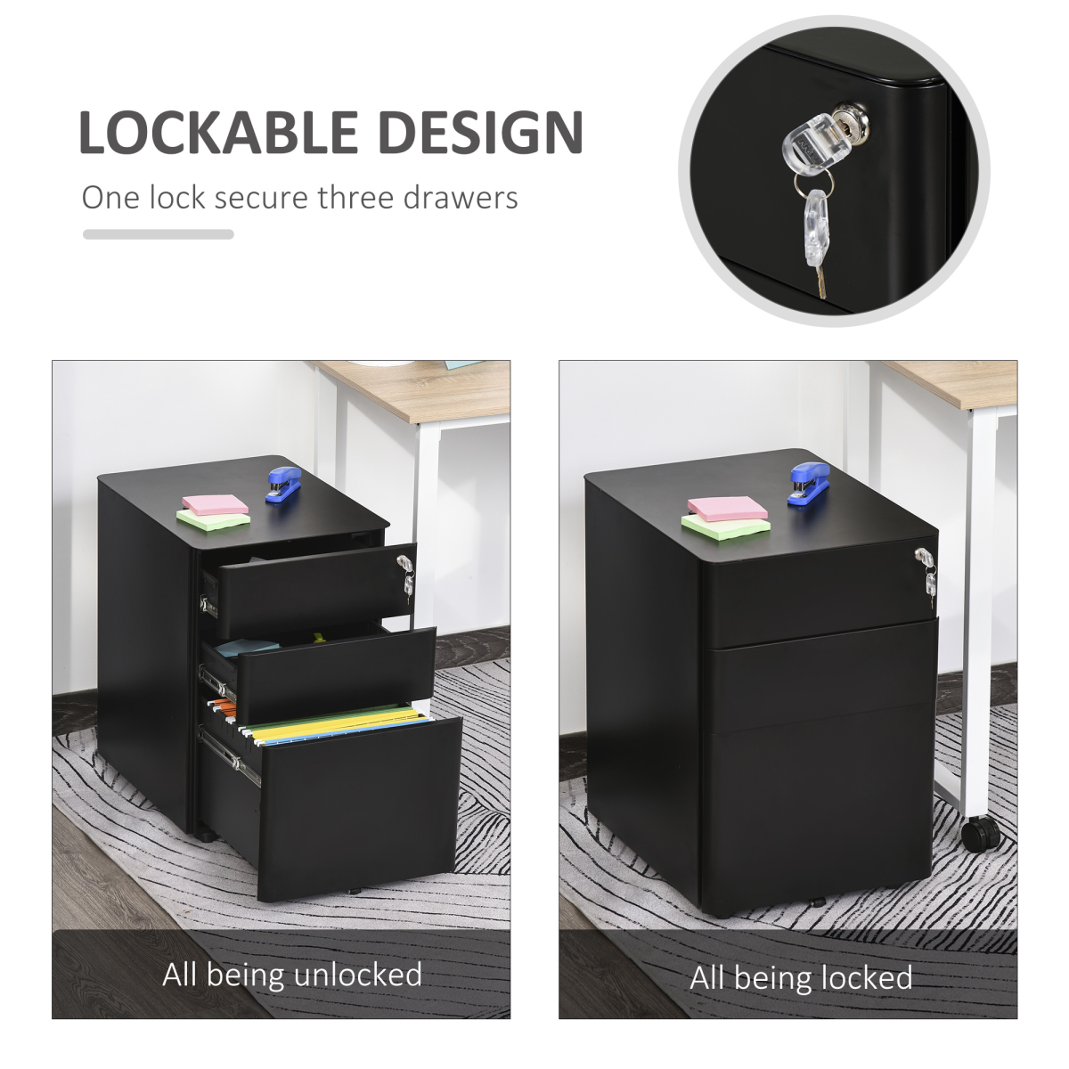 3 Drawer Steel Filing Cabinet with Lock, 4 Wheels, Compact Under Desk, Black