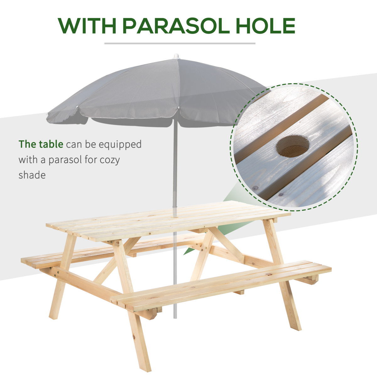 Outsunny 4-Seater Fir Wood Picnic Set with Parasol Cutout