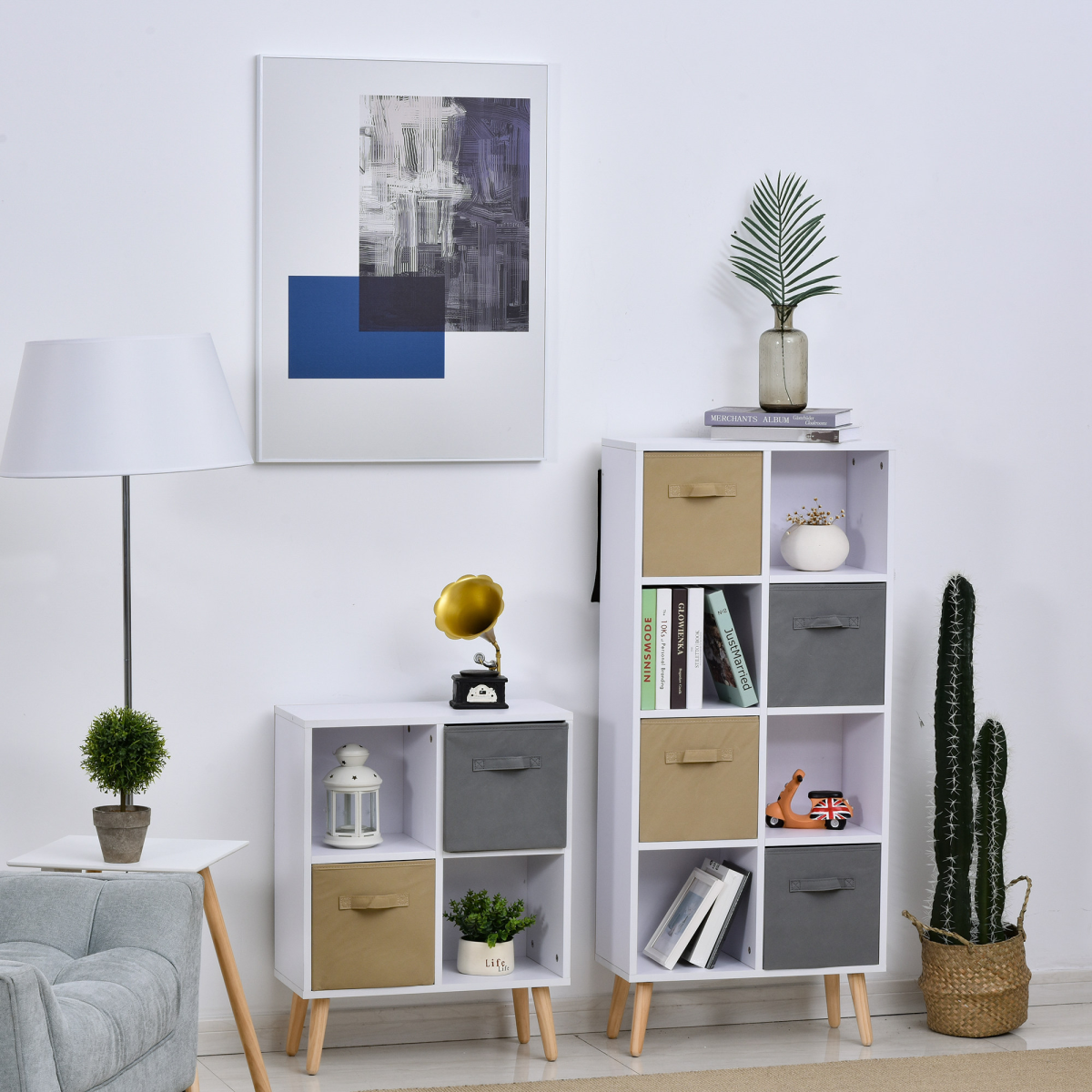 Freestanding 4-Cube Storage Cabinet Bookcase with 2 Fabric Drawers