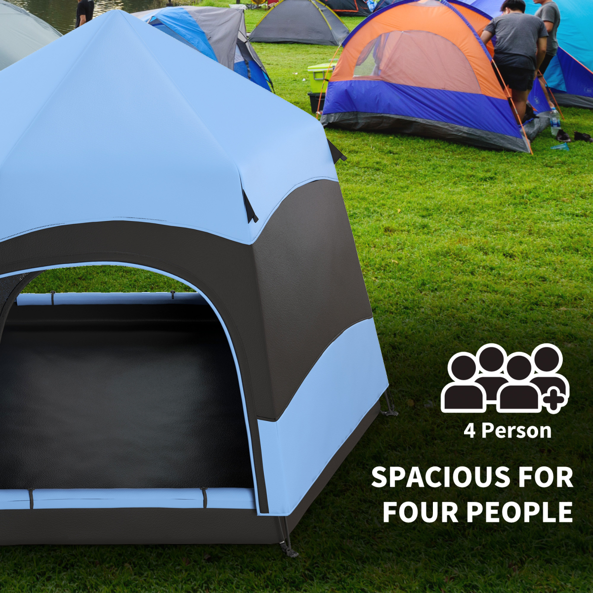 Outsunny 4 Person Pop Up Camping Tent, Water-Resistant, 2 Doors, Mesh Windows, Blue and Black