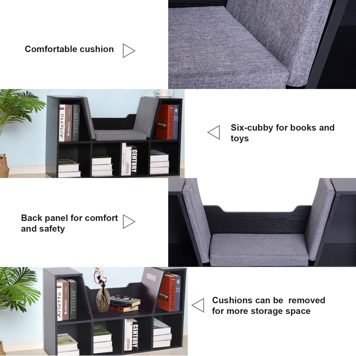 HOMCOM Kids Reading Seat Bookcase Storage Unit with Cushion Black