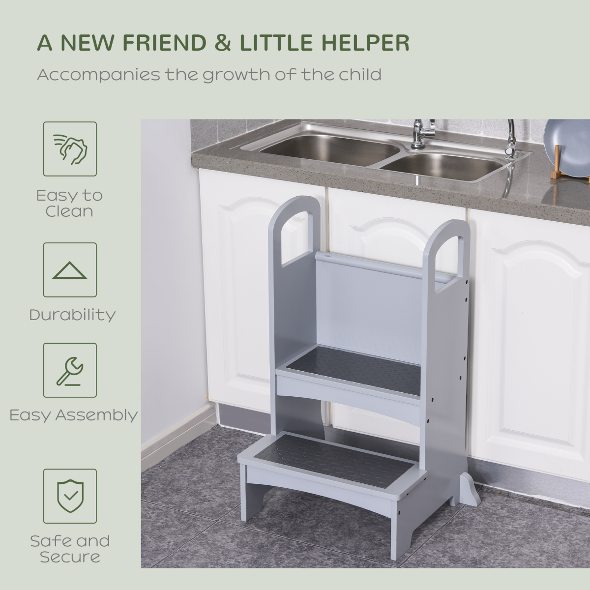 Kids Wooden 2-Step Stool with Handles and Anti-Slip Panels Grey