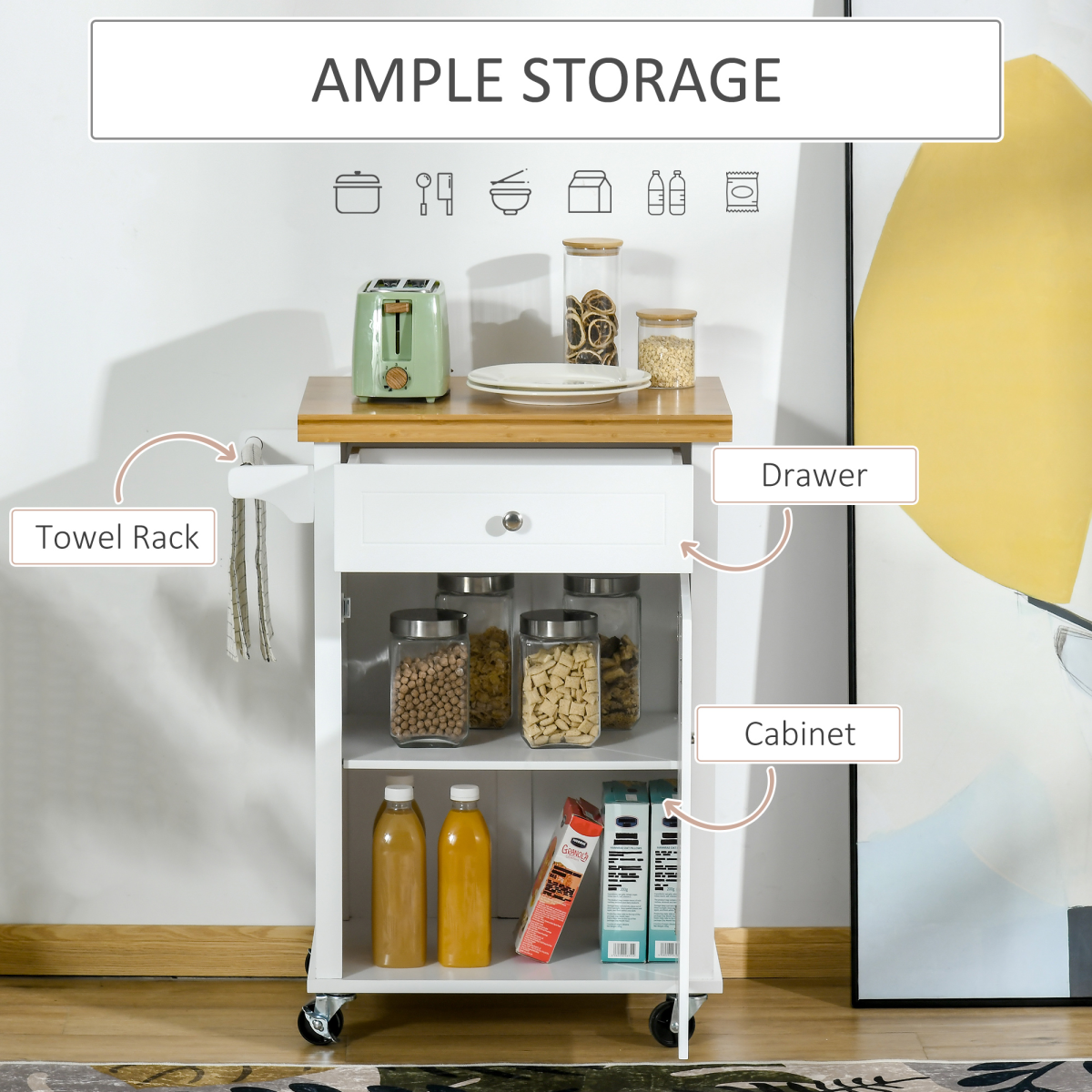 HOMCOM White Rolling Kitchen Island Cart with Drawer and Towel Rail