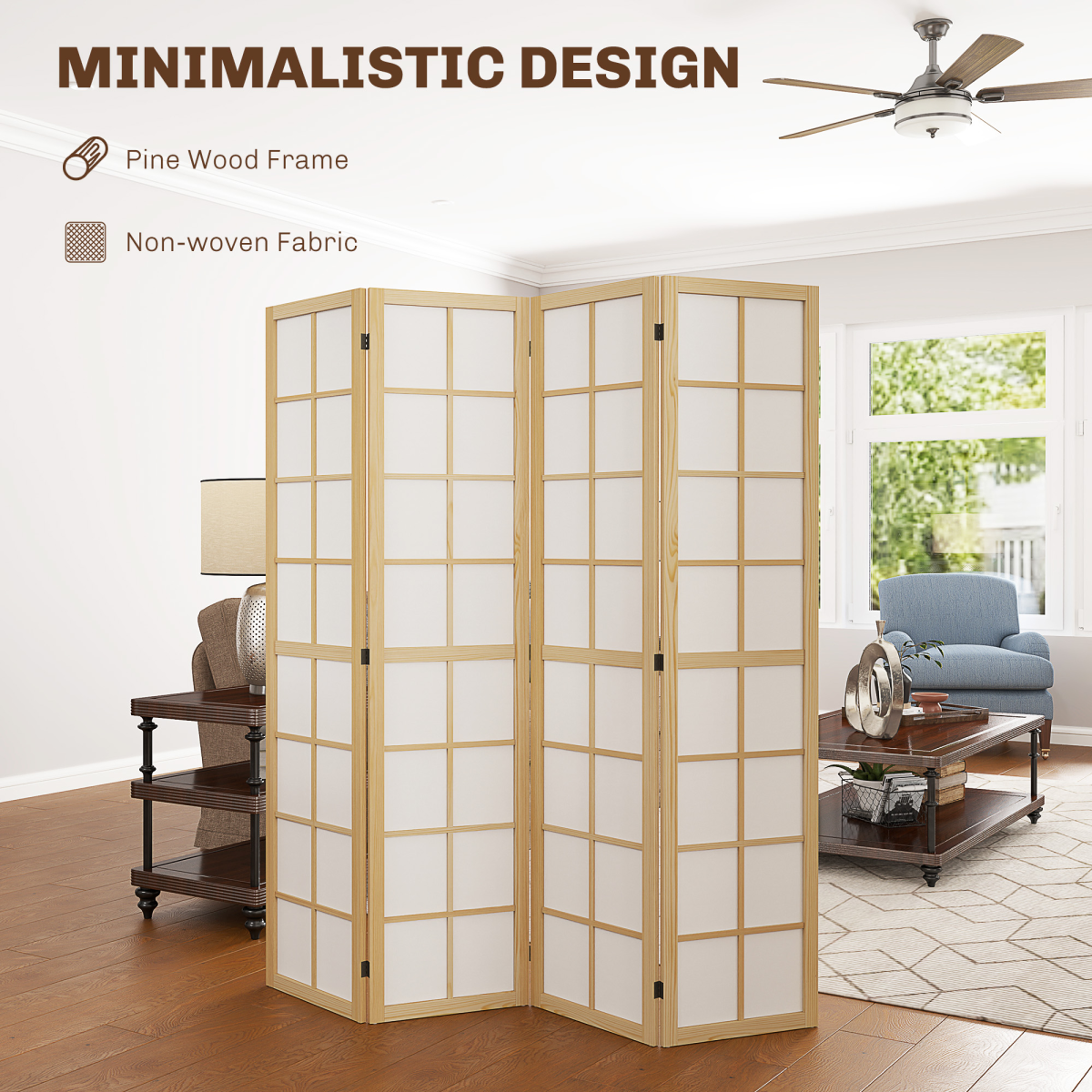HOMCOM 4-Panel Folding Room Divider, Pine Wood Frame, 160 x 170cm