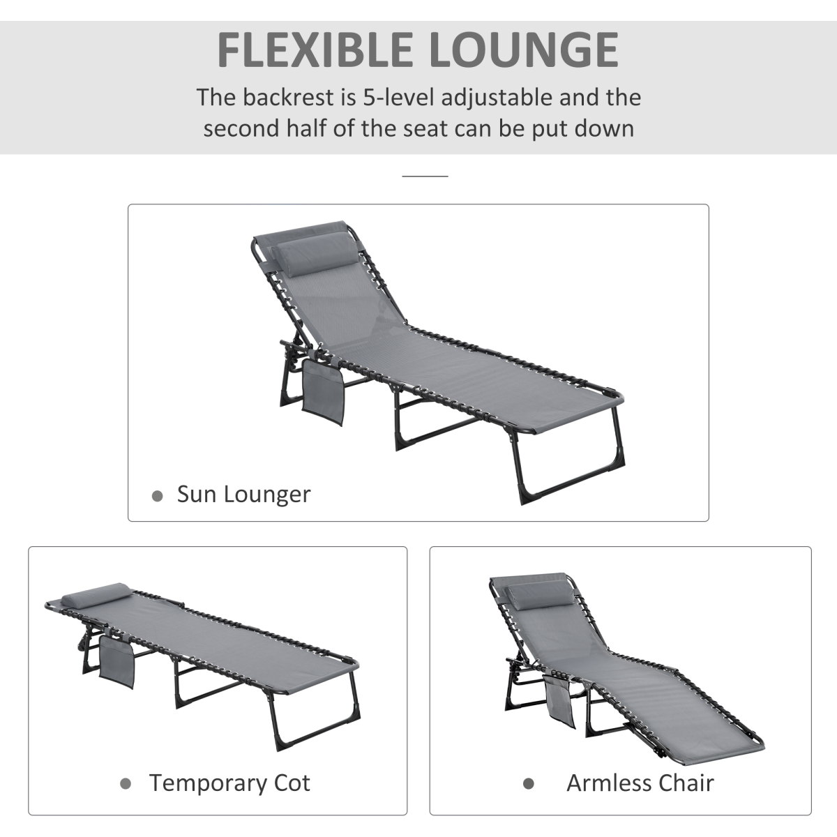 Outsunny Portable Sun Lounger Reclining Lounge Chair, 5-Position Adjustable Backrest, Removable Pillow, Side Pocket, Grey
