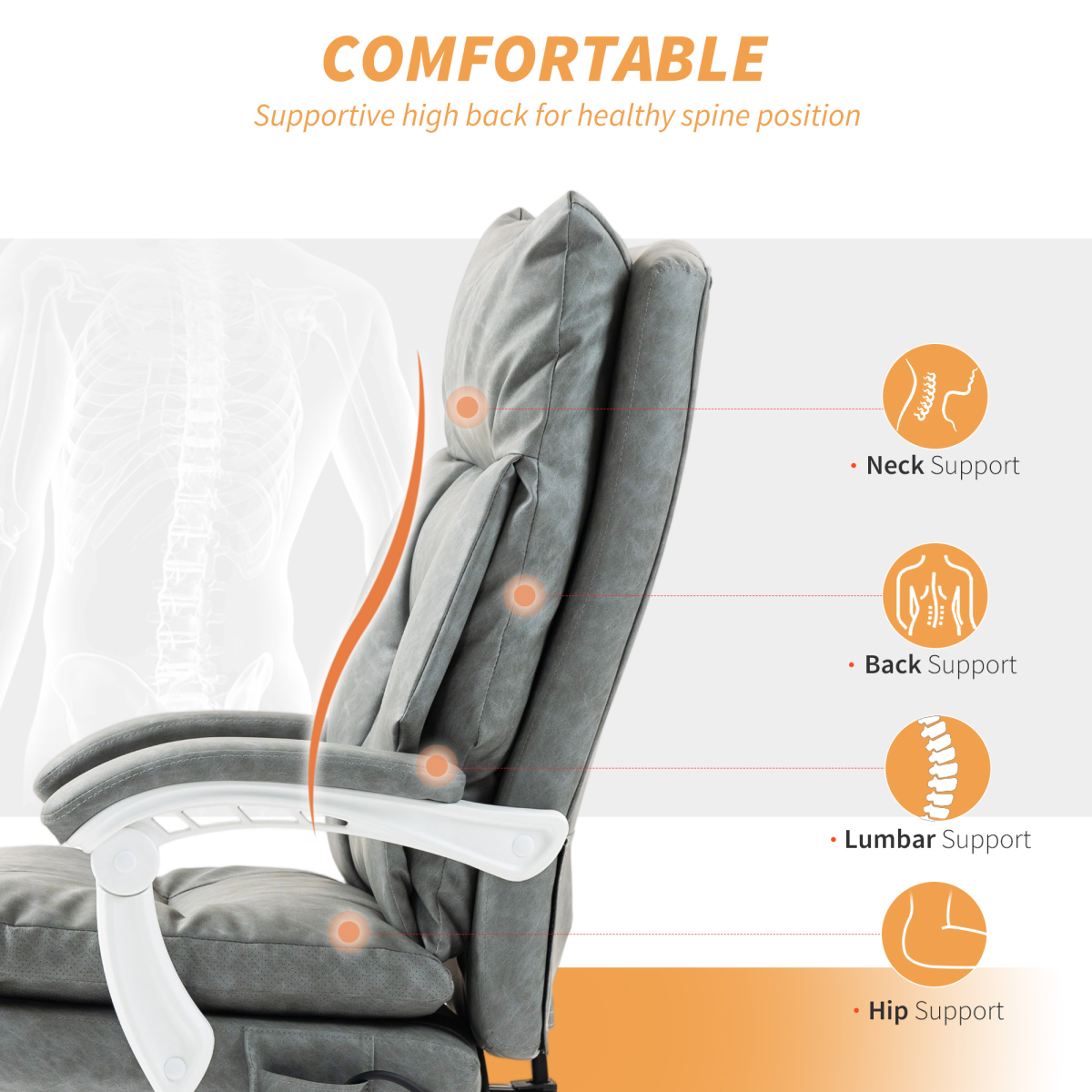 HOMCOM Grey Office Chair with Adjustable Lumbar, 135° Recline & Footrest