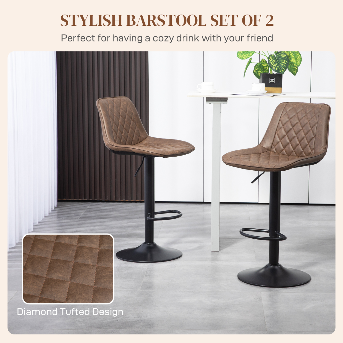 HOMCOM Set of 2 Adjustable Swivel Bar Stools, Brown Faux Leather Kitchen Chairs