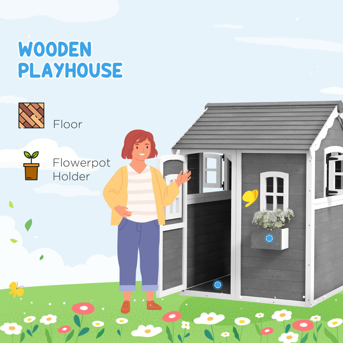 Outsunny Wooden Kids Wendy House with Floor, Grey