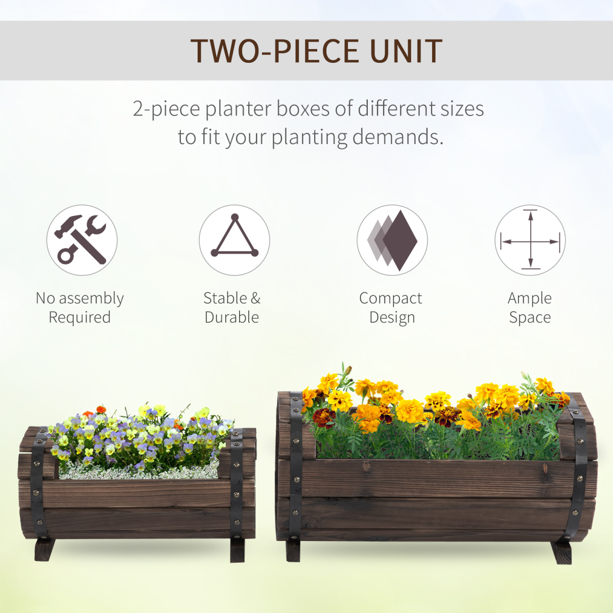 Outsunny Set of 2 Wooden Raised Planter Boxes for Garden, Patio, and Balcony