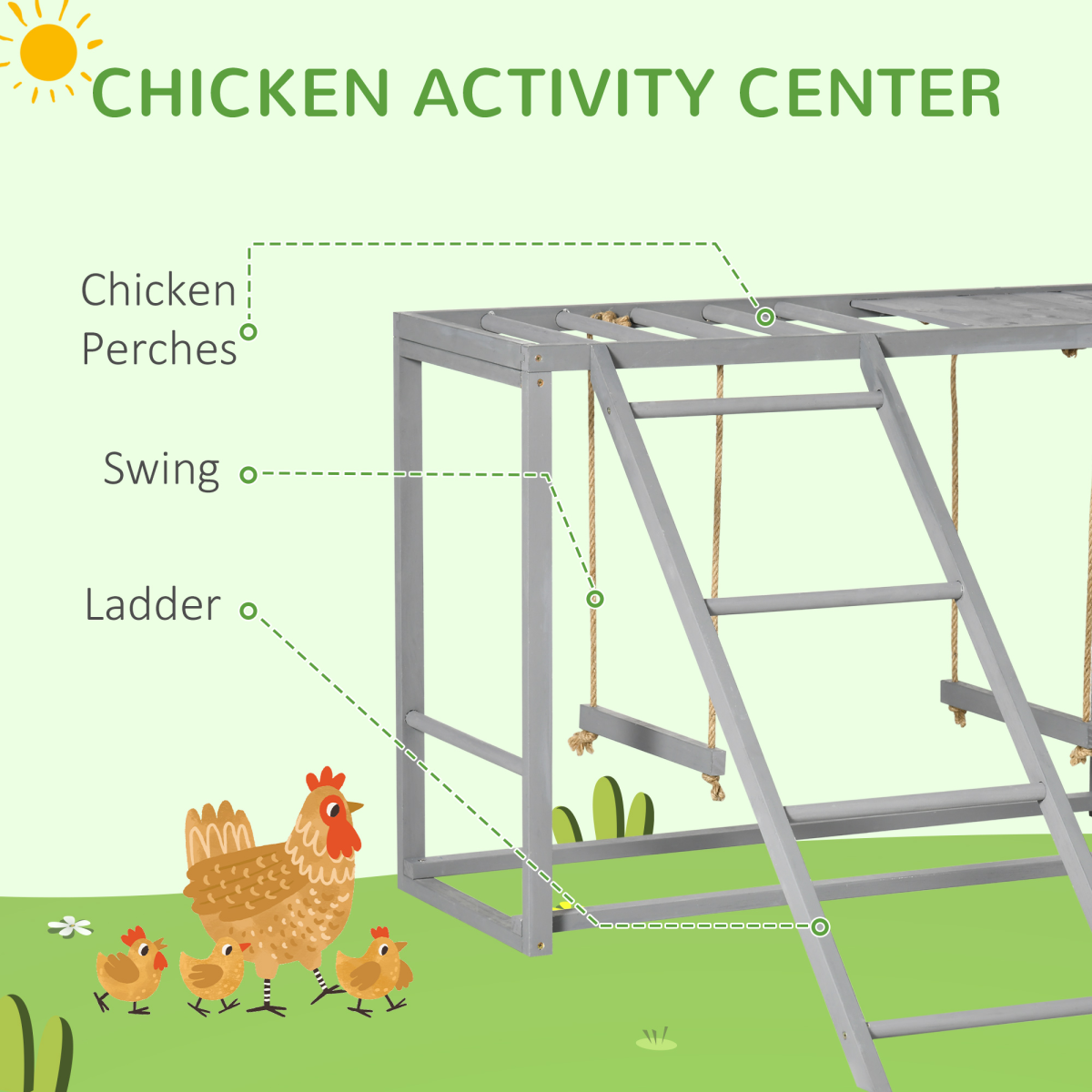 PawHut Chicken Activity Play Center with Swing Set, Ladder and Perches for 3-4 Birds, Grey