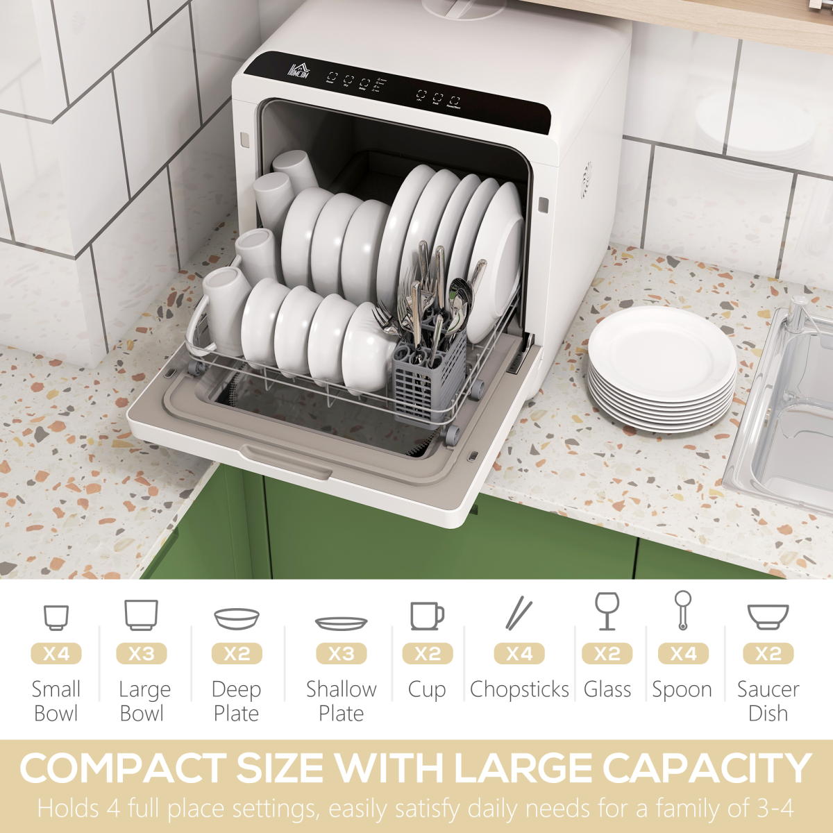 HOMCOM Table Top Dishwasher, 4 Place Settings, 6 Programmes, Fruit Wash Mode