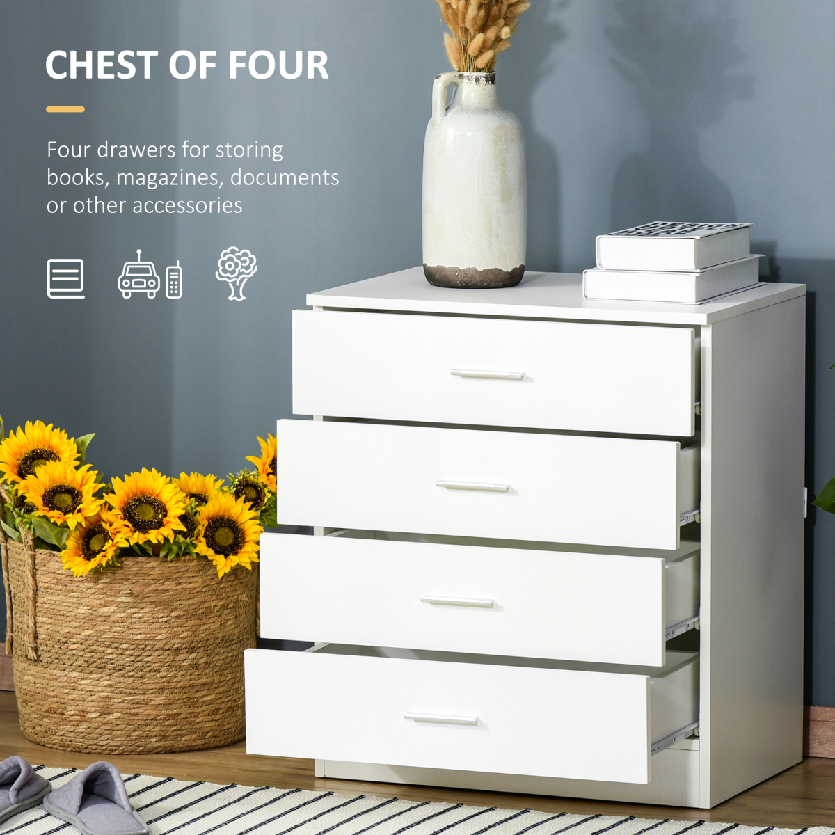HOMCOM 4-Drawer Vertical Storage Cabinet with Metal Rails, Anti-Tip