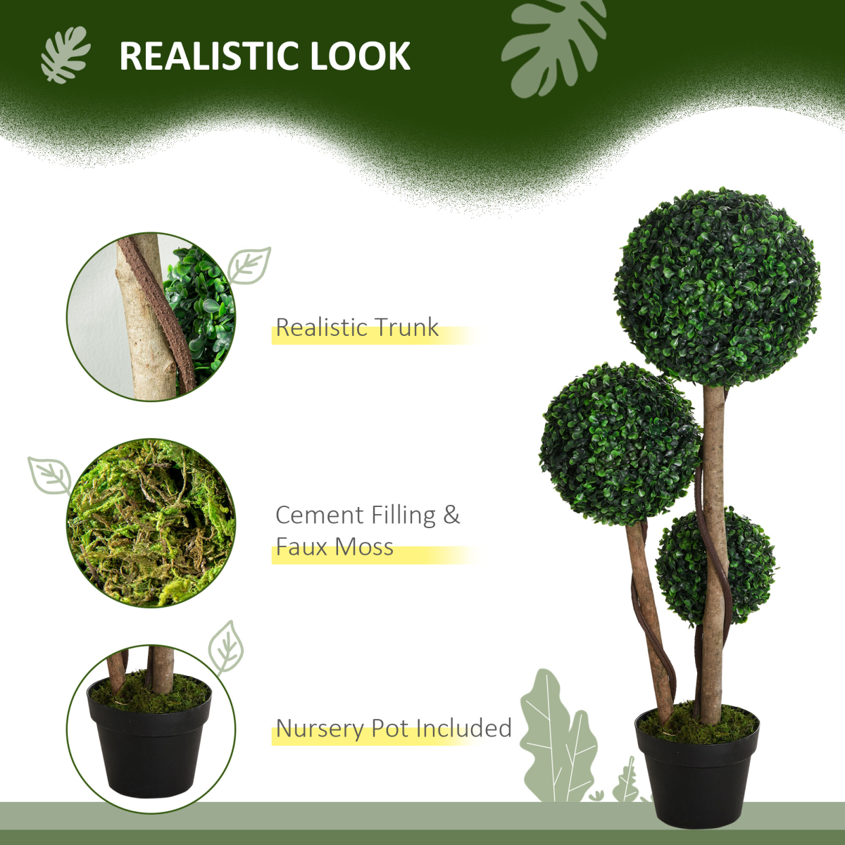 HOMCOM Artificial 3-Ball Boxwood Topiary Tree, 90cm, Indoor/Outdoor