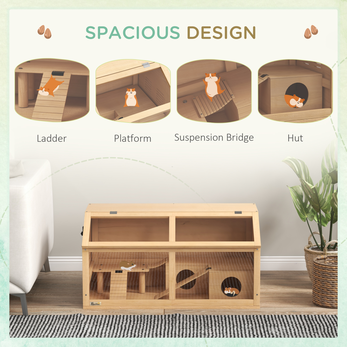 PawHut Wooden Hamster & Gerbil Cage with Bridge, Ladders, Hut