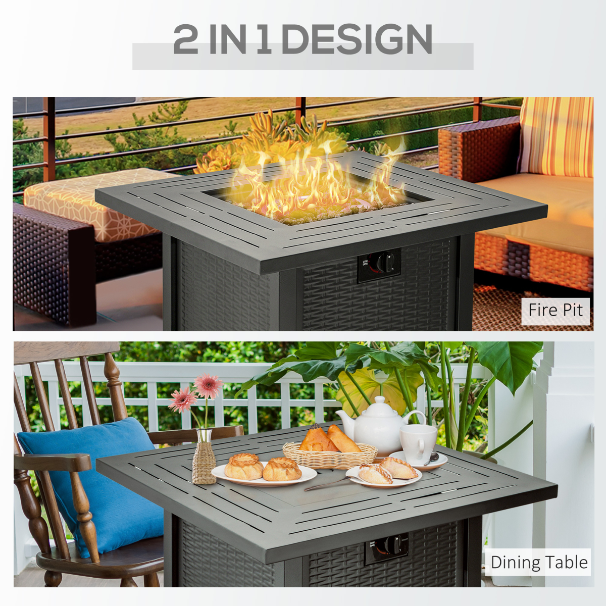 Outsunny Square Propane Gas Fire Pit Table, 40000 BTU Stainless Steel Burner, Pulse Ignition, Lava Rocks, Lid, Rattan Patio Heater