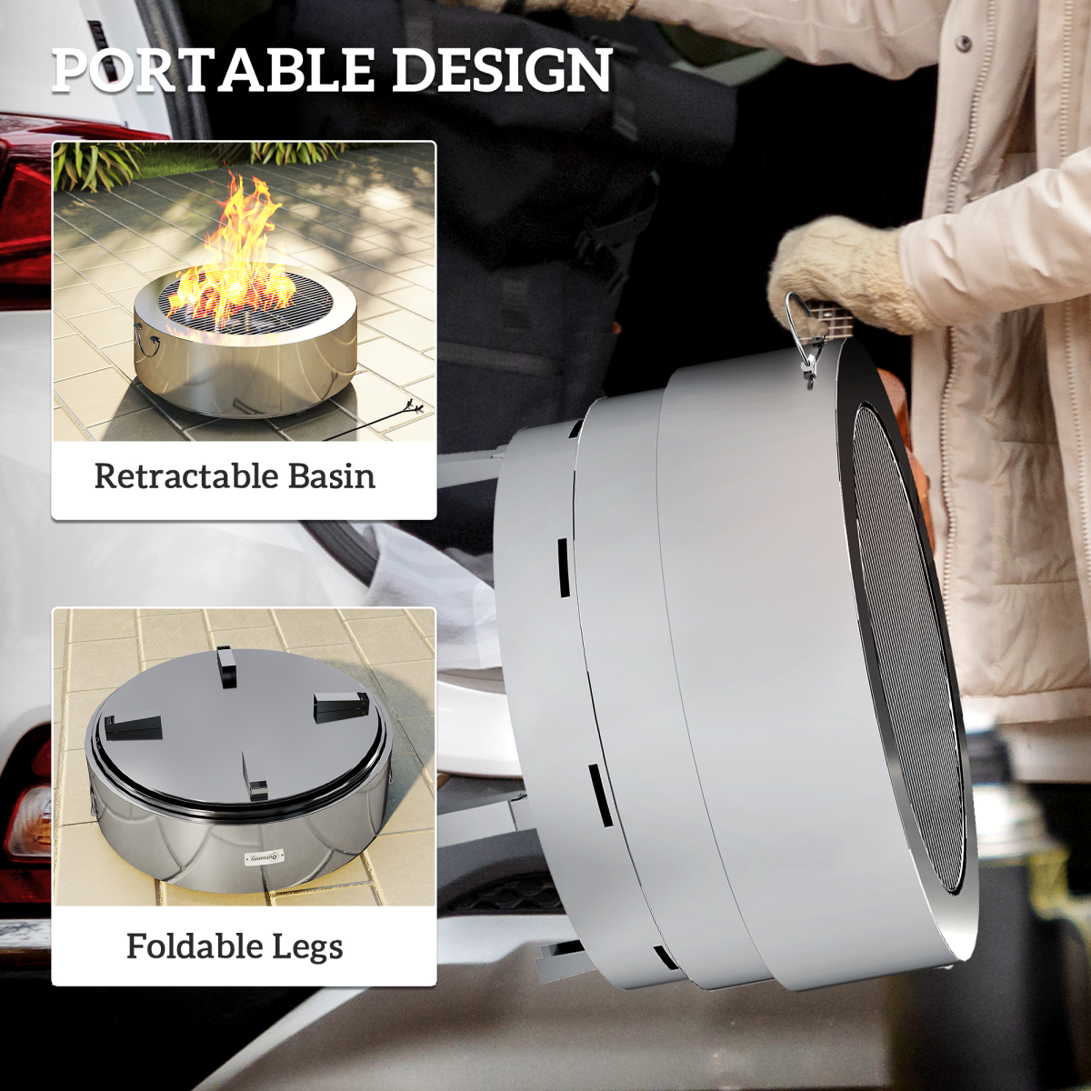 Outsunny Stainless Steel Round Fire Pit with Grill Net, Silver