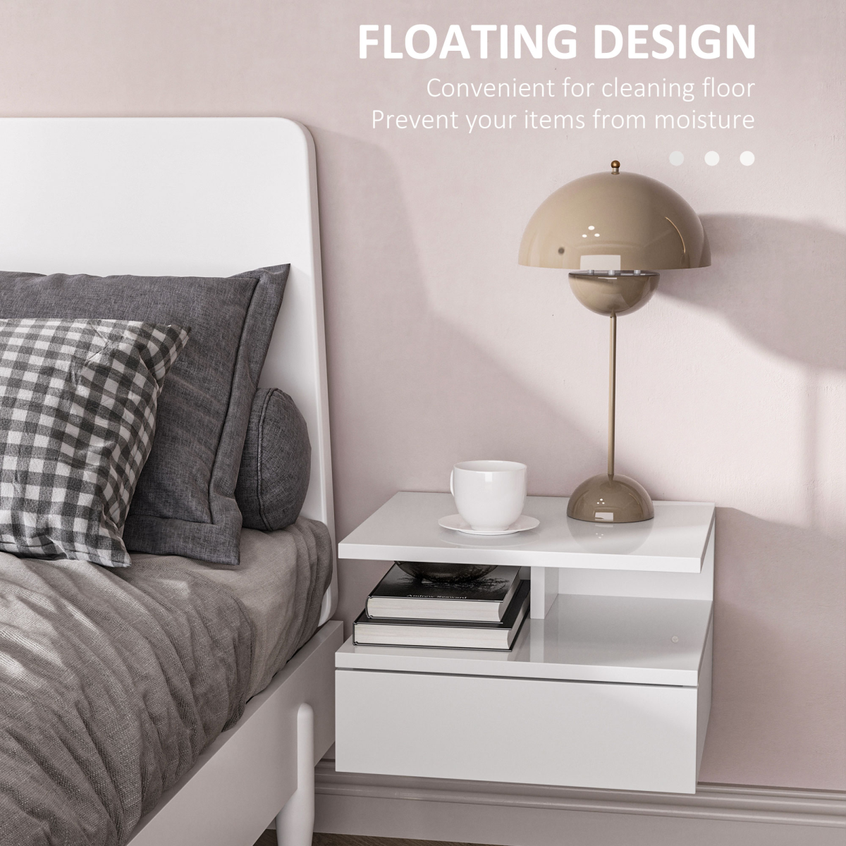 HOMCOM Set of 2 Wall Mounted Bedside Cabinets, High Gloss White
