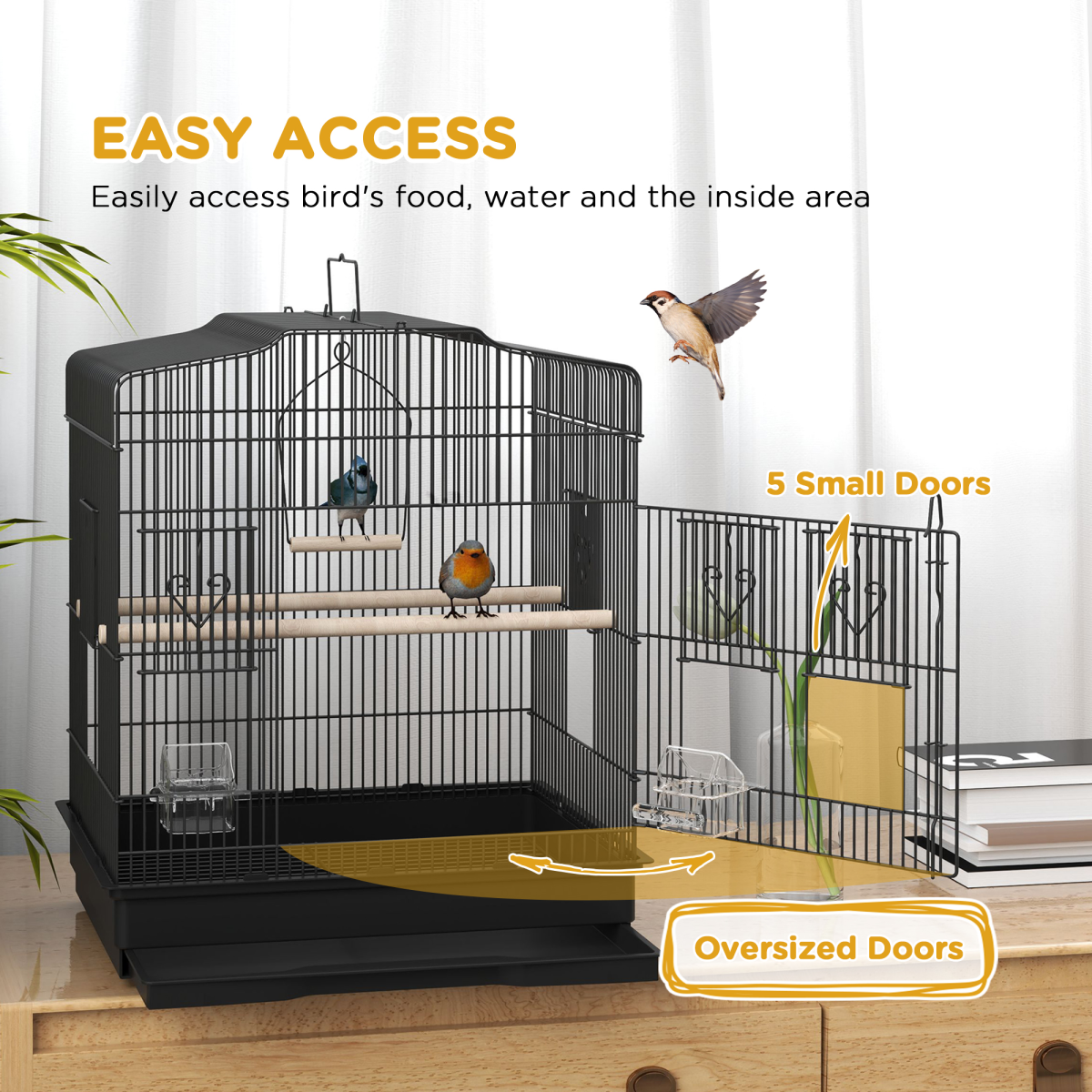 PawHut 59cm Large Black Bird Cage with Perches, Bowls, Swing