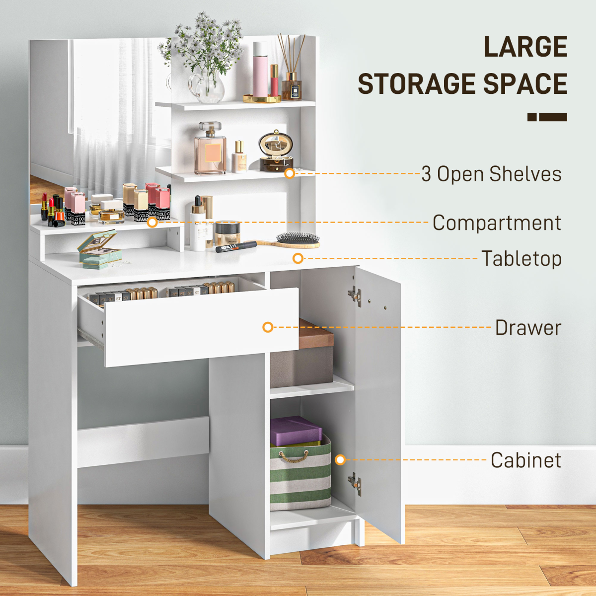 HOMCOM White Dressing Table Set with Mirror, Stool and Storage