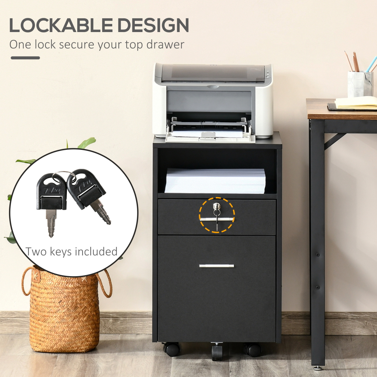 Mobile Lockable File Cabinet with 5 Wheels, Small Drawer and Open Shelf, Black