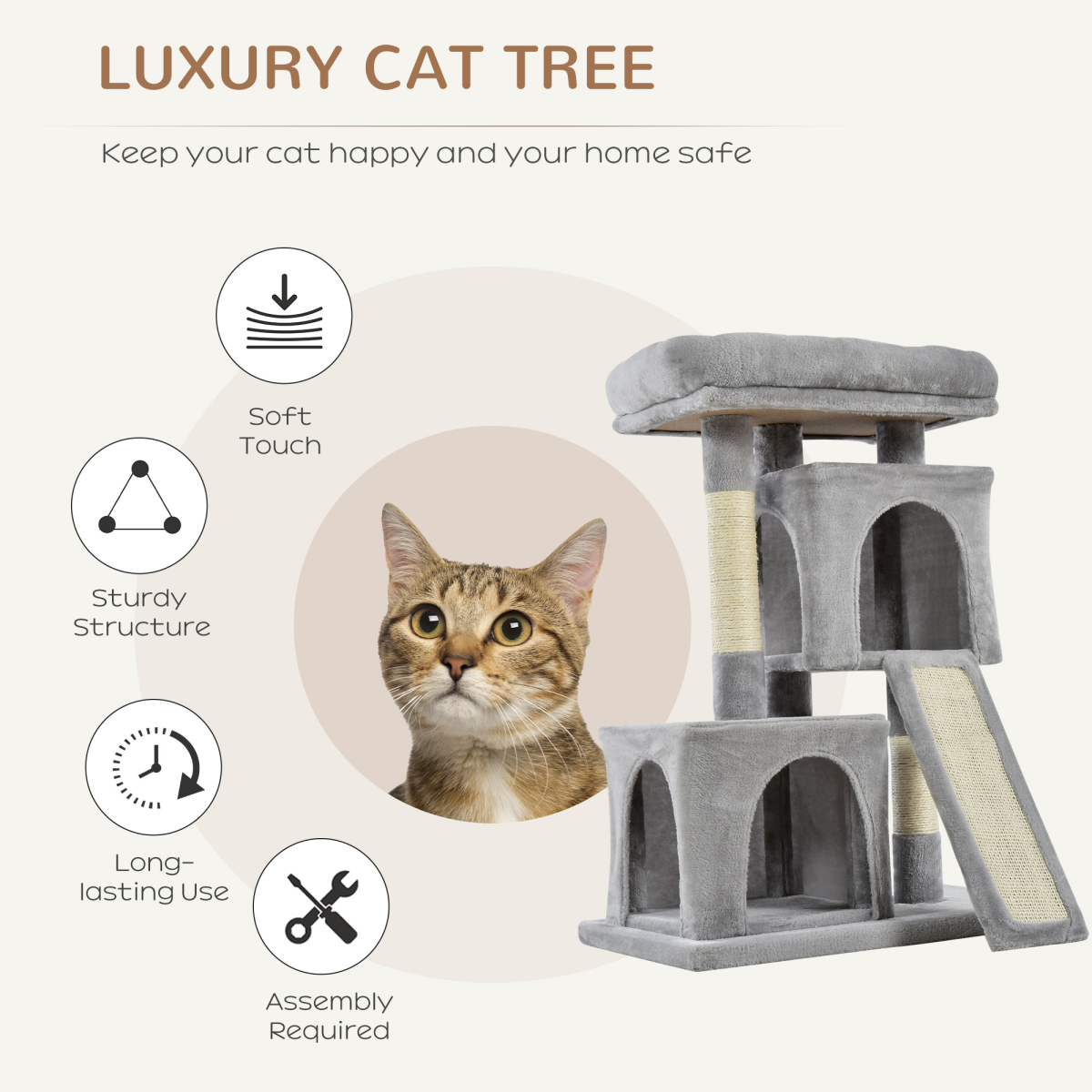 PawHut Cat Activity Tree with 2 Houses, Cushioned Top Perch, Sisal Scratching Posts, Grey
