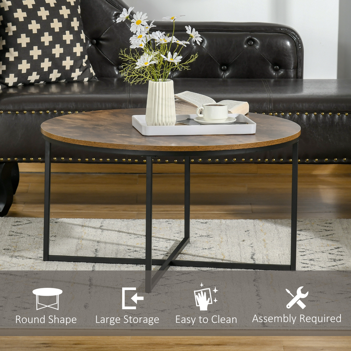 HOMCOM Industrial Round Side Table with Large Tabletop, Metal Frame and X-Shaped Base, Rustic Brown