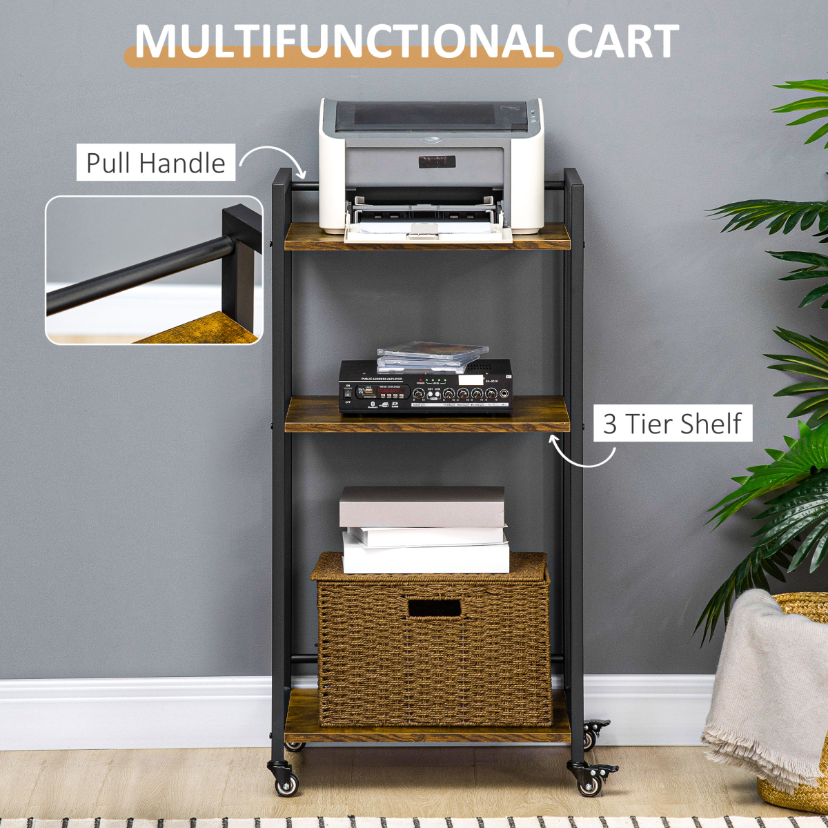 HOMCOM 3-Tier Adjustable Printer Stand Utility Cart, Rolling Trolley with Shelves and Lockable Casters
