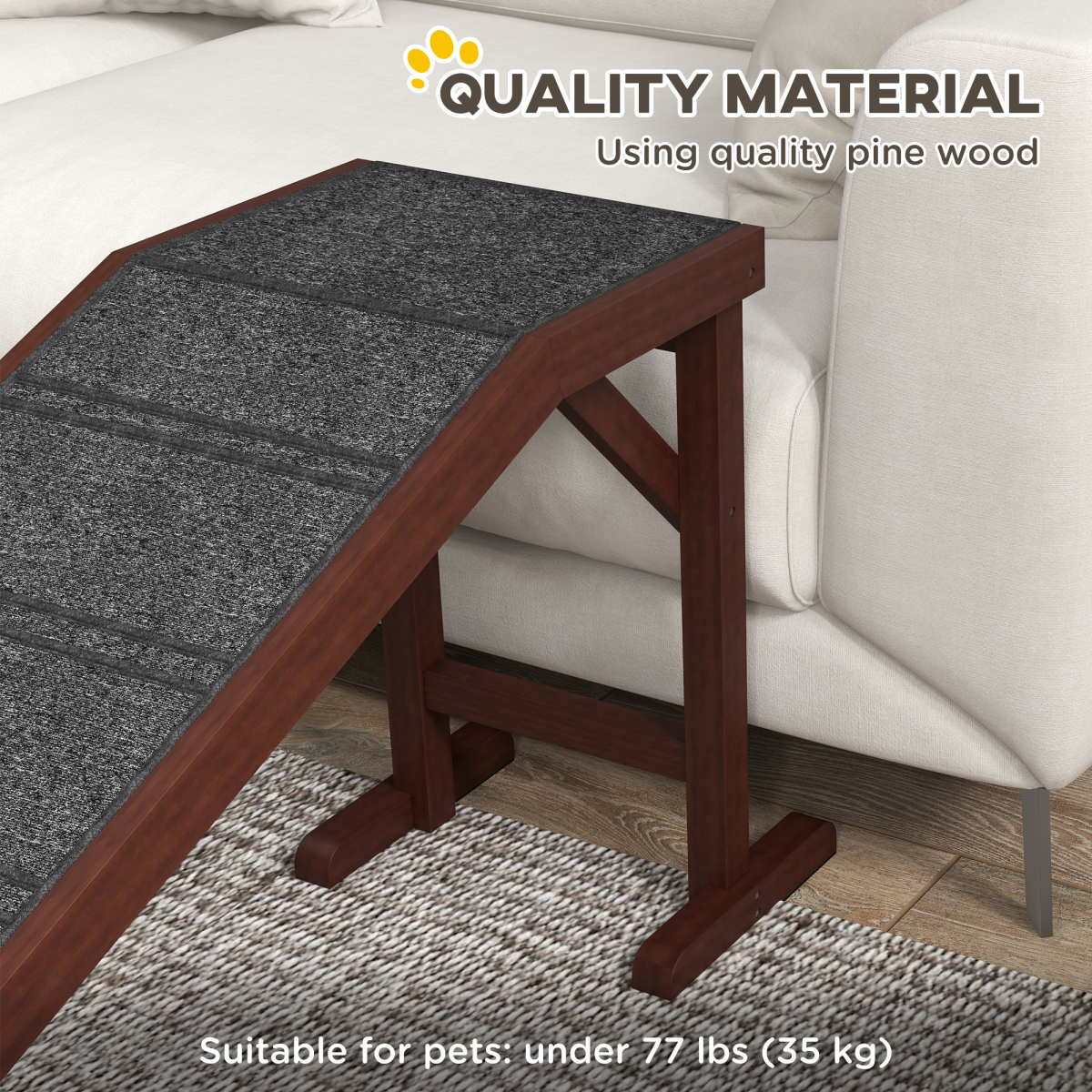 Pet Ramp for Dogs and Cats with Non-Slip Carpet, Pine Wood Ramp for Bed and Sofa, 188 x 40.5 x 63.5 cm, Pawhut