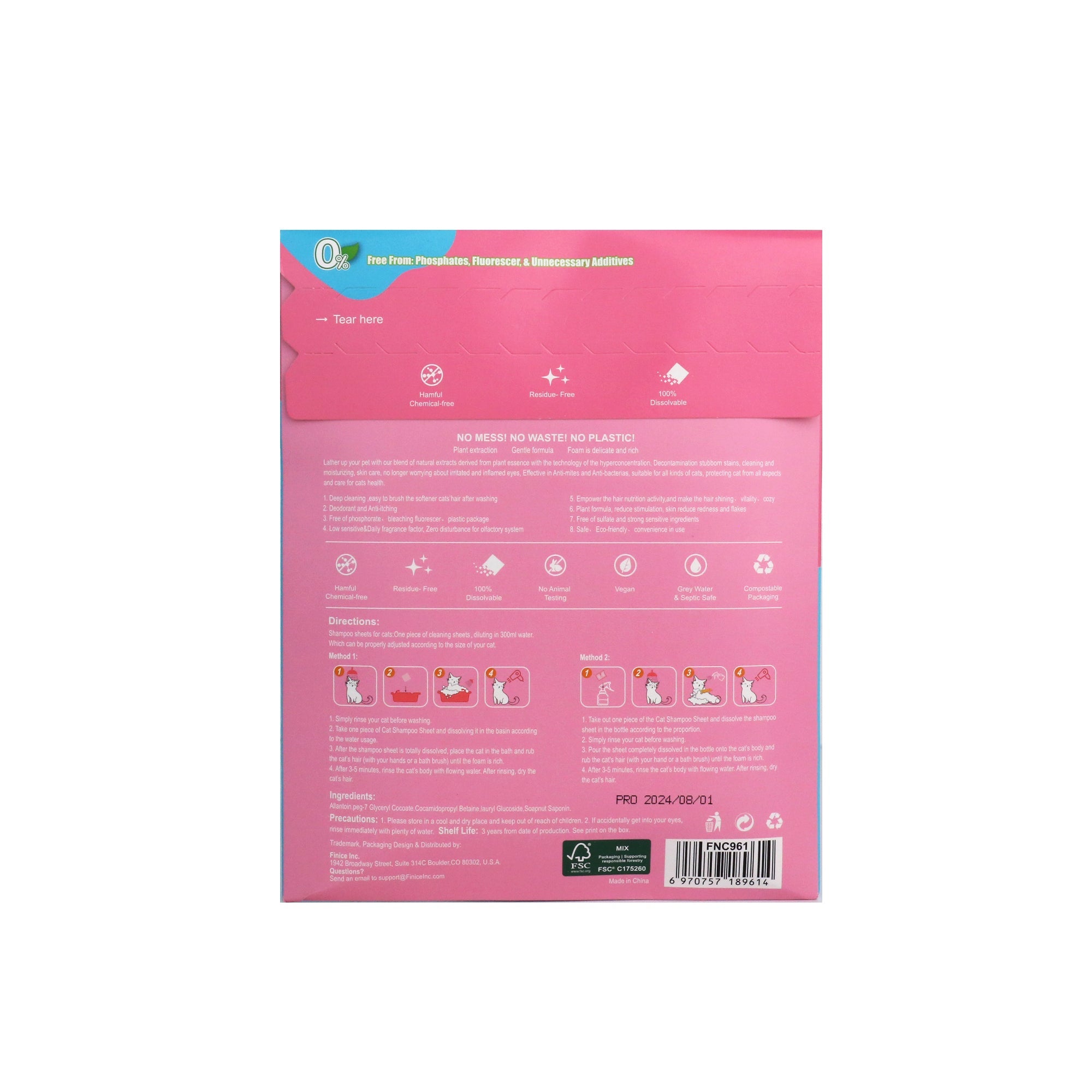 Finice Cat Shampoo Sheets – Plant-Based, Anti-Itch & Deodorising, Elegant Floral, 32 Washes