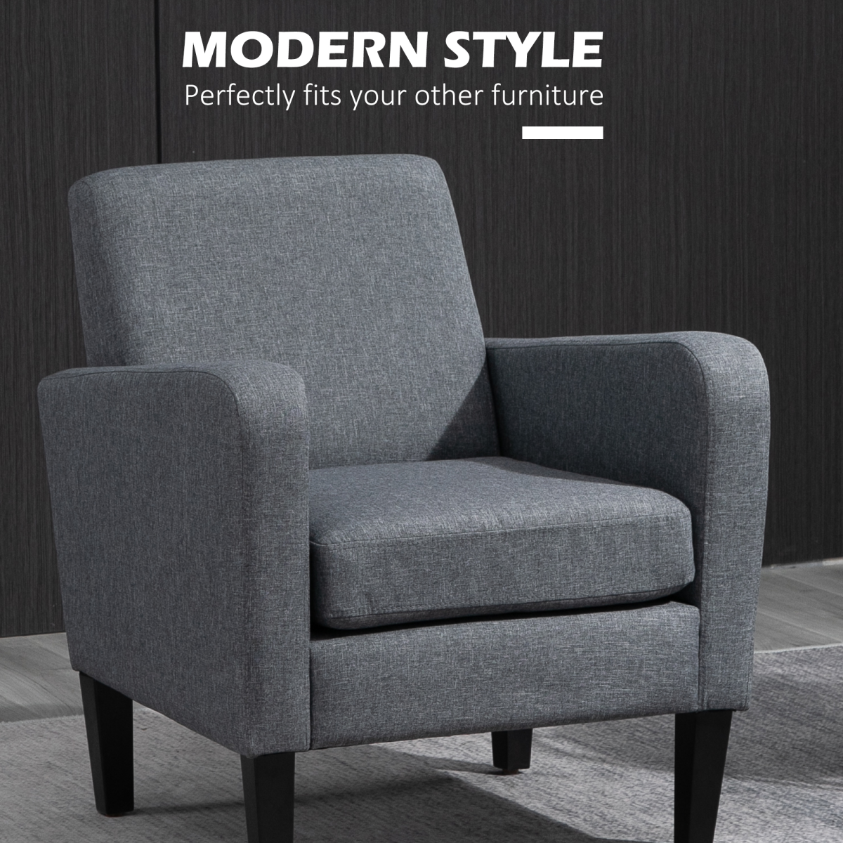 HOMCOM Modern Curved Linen Armchair with Thick Cushion and Wooden Legs, Grey