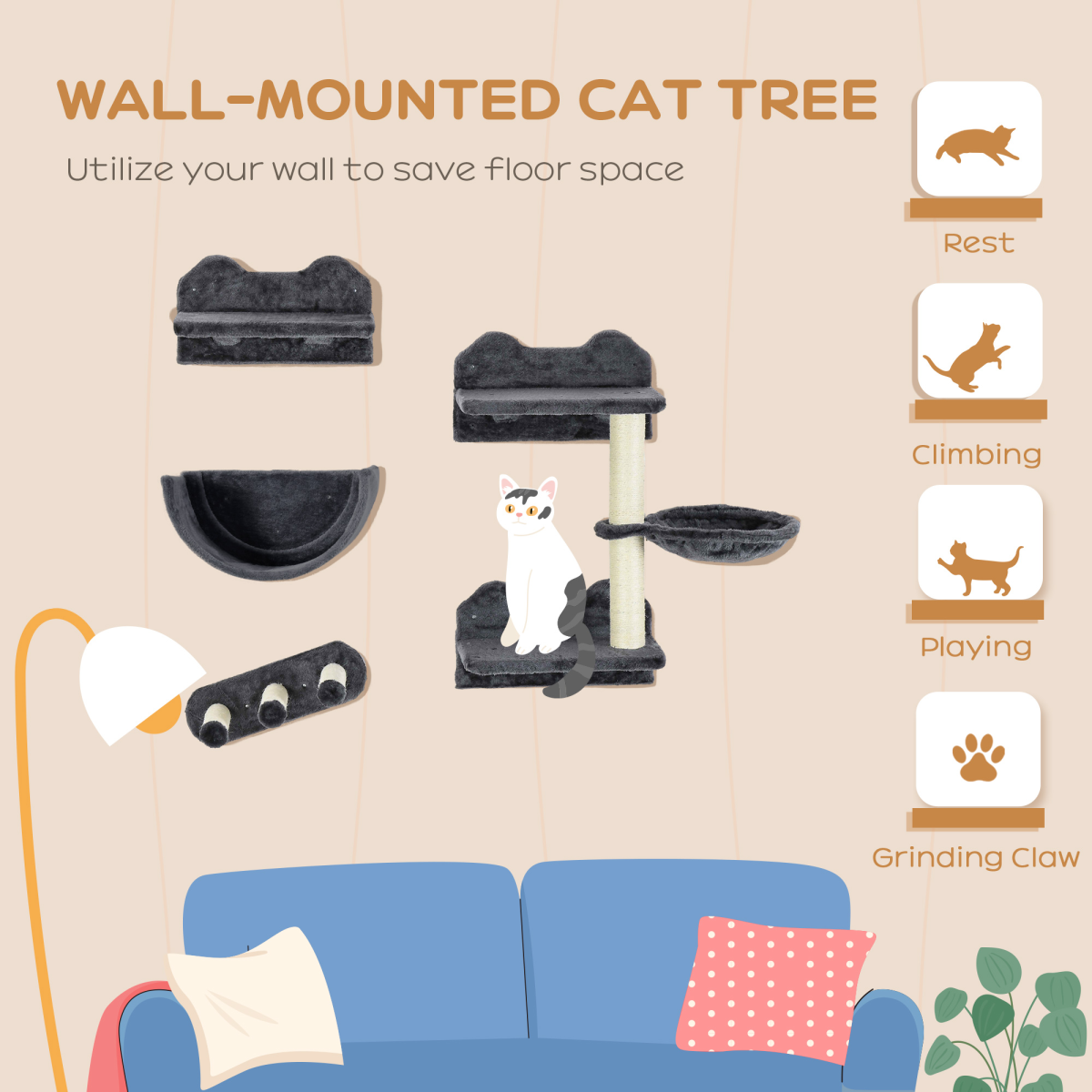 PawHut 4-Piece Wall Mounted Cat Tree with Hammock & Scratching Post