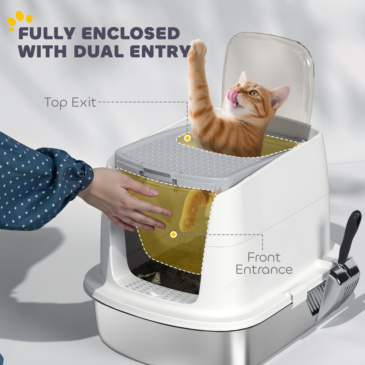PawHut Enclosed Stainless Steel Cat Litter Box with Scoop