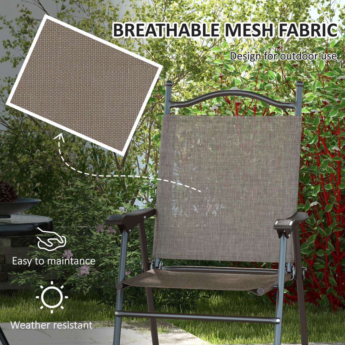 Outsunny Set of 2 Folding Mesh Chairs, Steel Frame, Mixed Brown