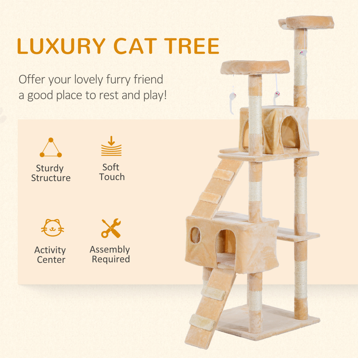 Pawhut 170CM Multi-Level Cat Tree Scratching Post with 3 Top Perches, 2 Condos, 2 Ladders and 3 Dangling Toys