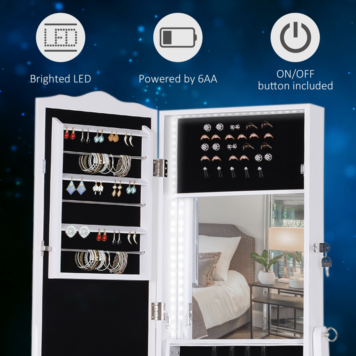 Freestanding Mirrored Jewelry Cabinet Armoire with Lock and LED Light, White