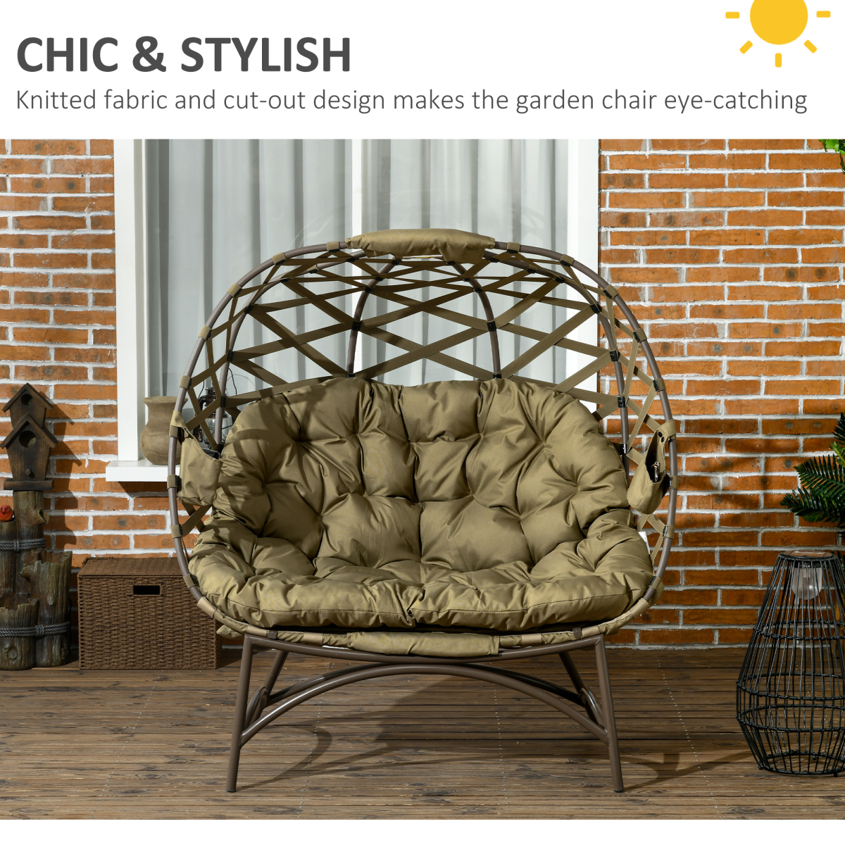 Outsunny 2-Seater Outdoor Egg Chair with Cushion and Cup Pockets, Khaki
