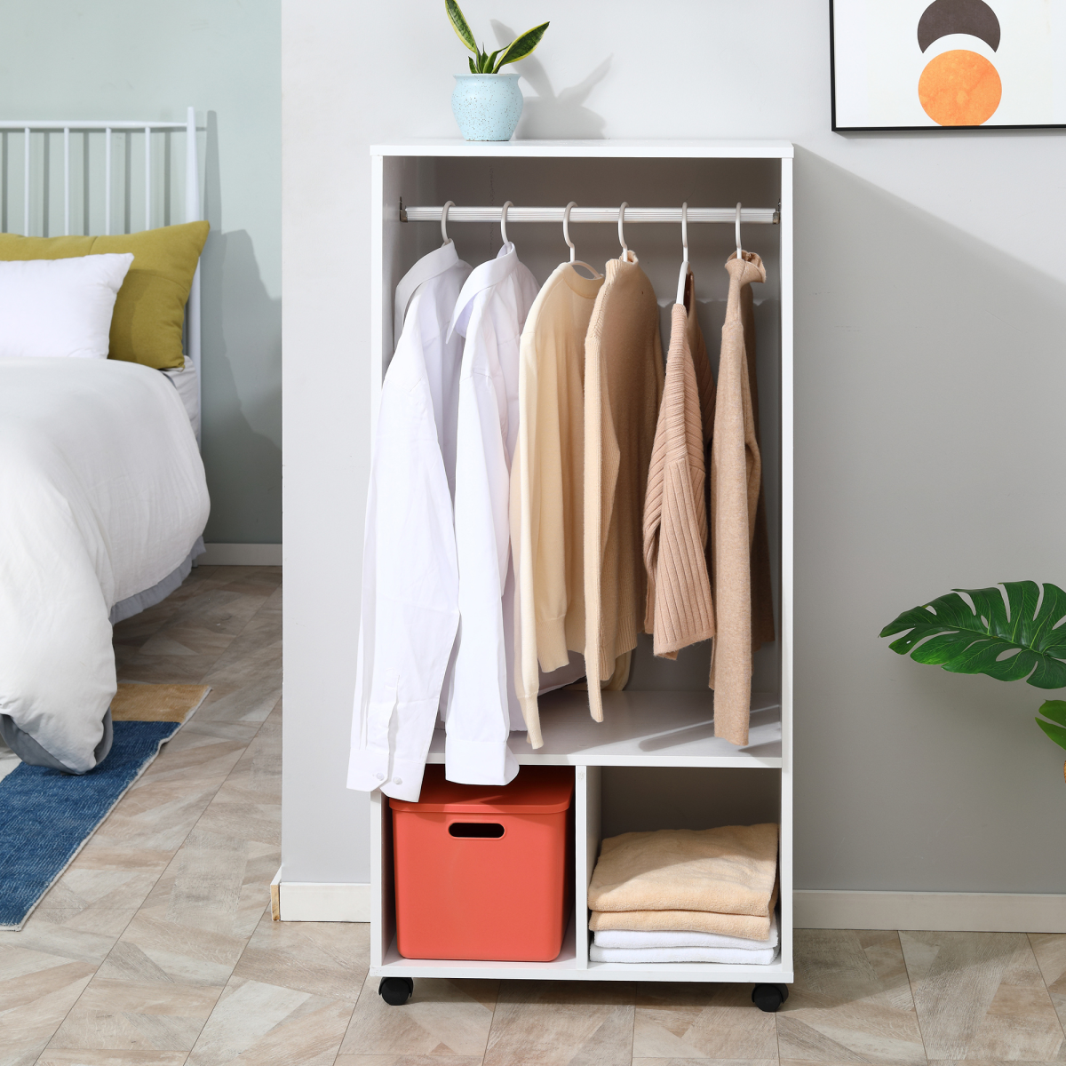 Open Wardrobe Clothes Rail with Shelves & Wheels, White