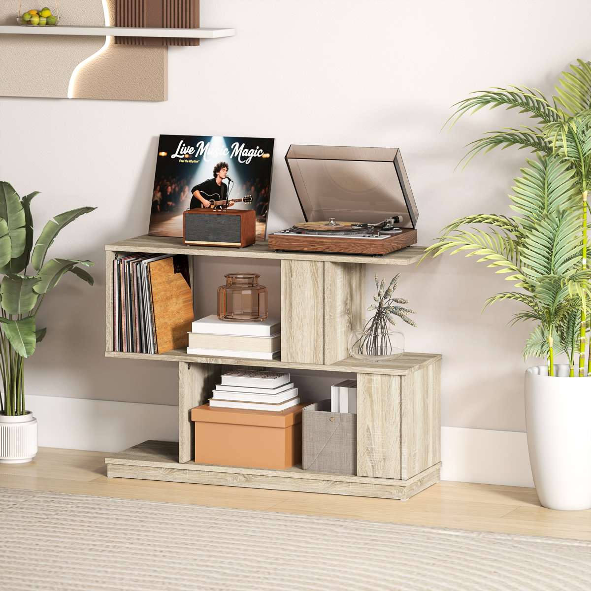 HOMCOM 3-Tier S-Shaped Narrow End Table, Natural Wood Finish