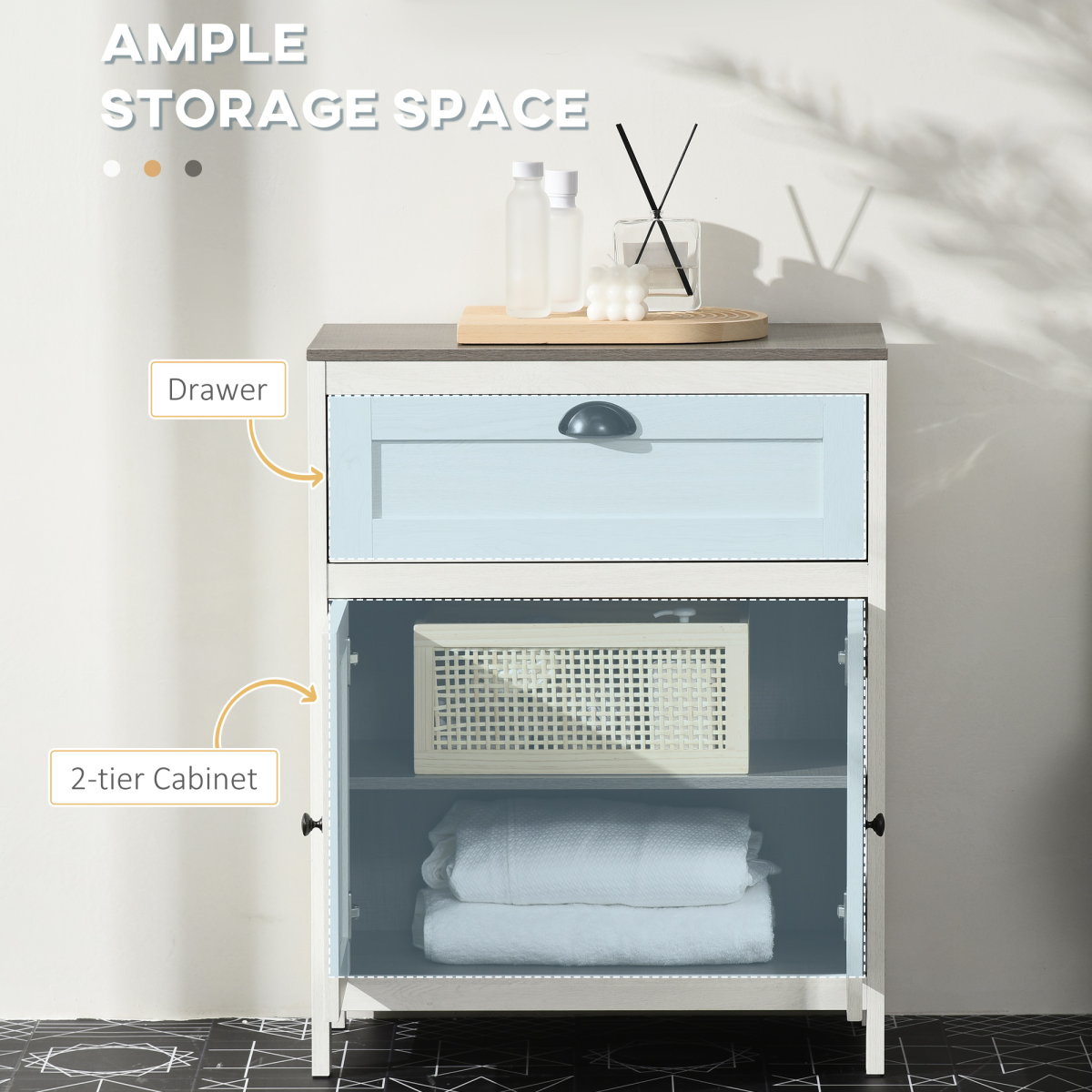 White Bathroom Floor Cabinet with Drawer, Double Door & Shelf