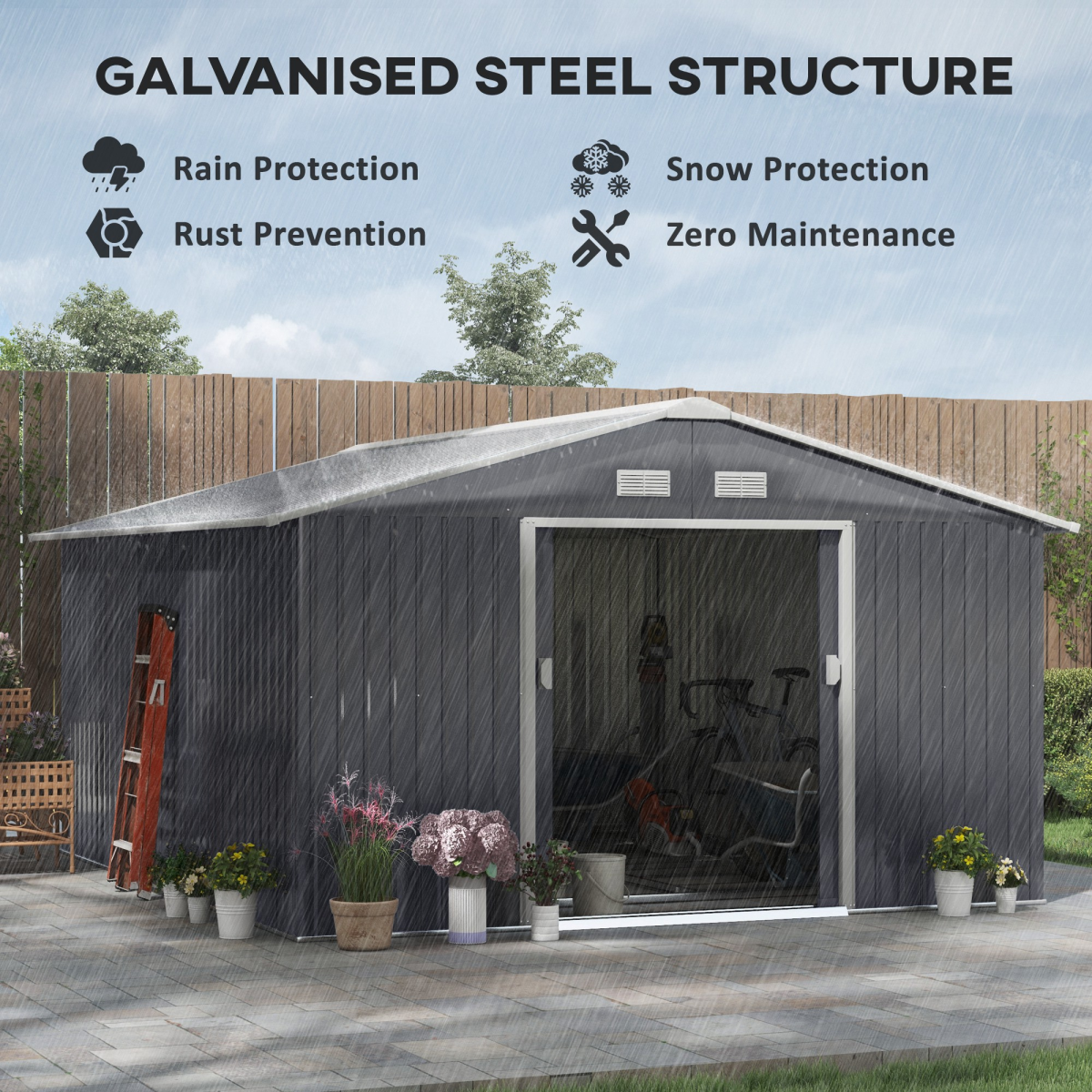 Outsunny 13 x 11FT Galvanised Steel Outdoor Garden Shed with Sliding Double Doors, Ventilation and Floor Foundation, Grey