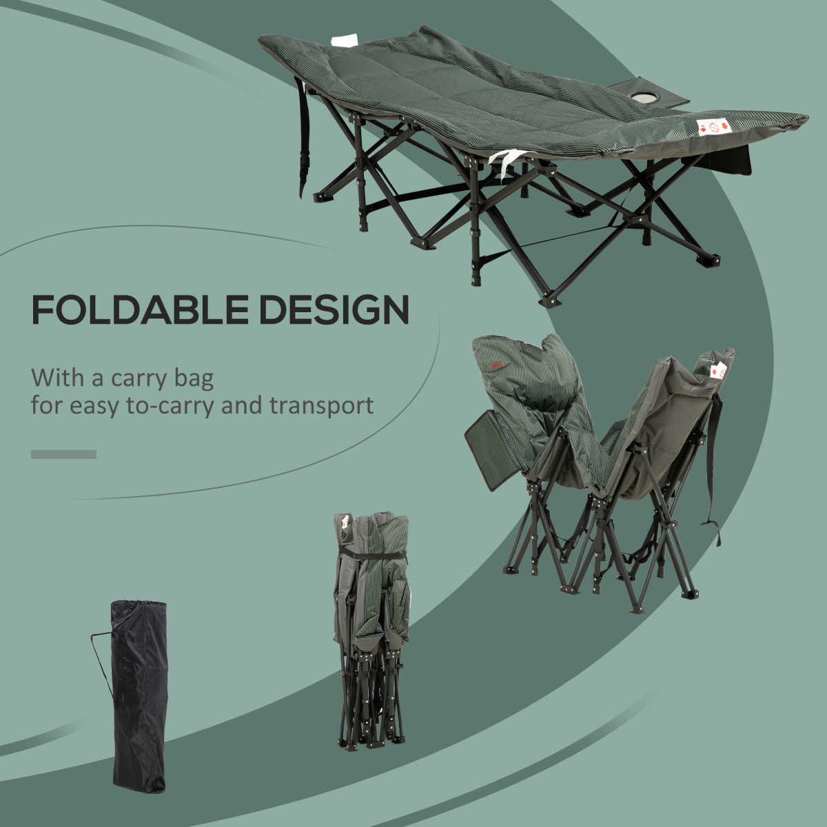 Outsunny Foldable Camping Bed with Carry Bag, Cup Holder & Magazine Bag, Grey