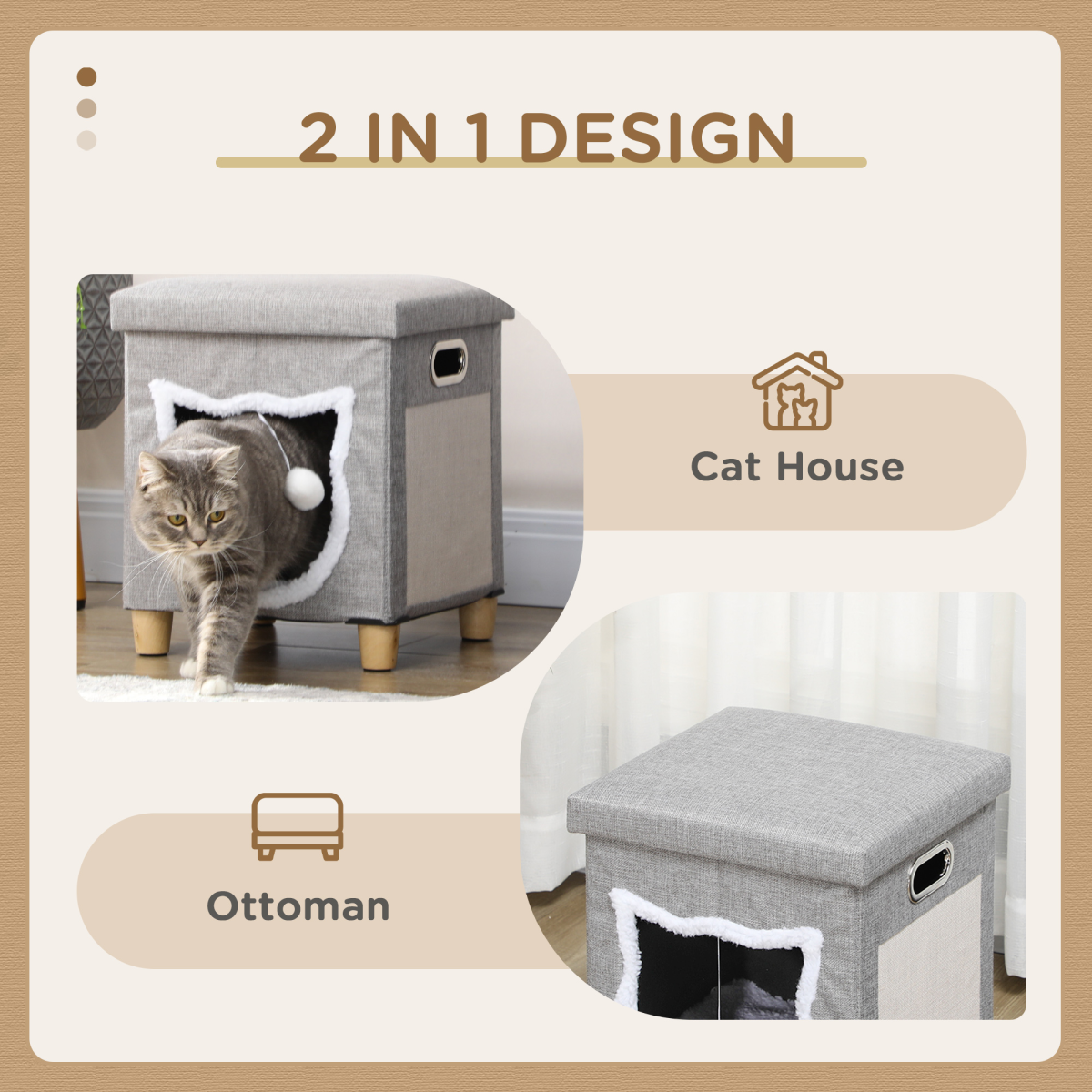 PawHut 2-in-1 Cat Bed Ottoman with Scratching Pad, Cushion & Handle