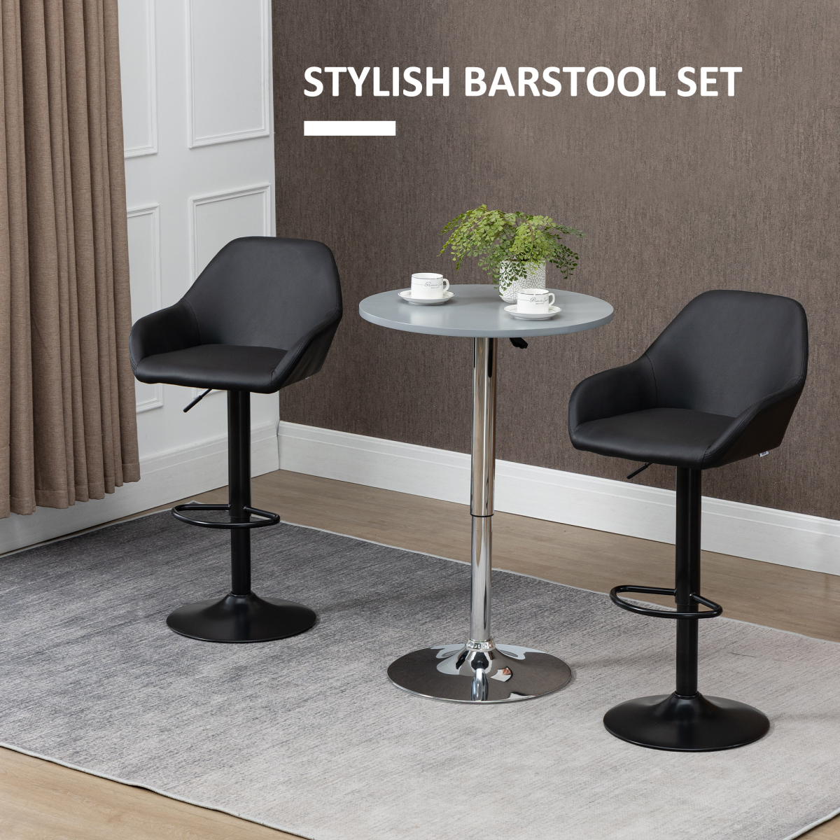 HOMCOM Set of 2 Adjustable Swivel Bar Stools with Backrest and Footrest, PU Leather, Black