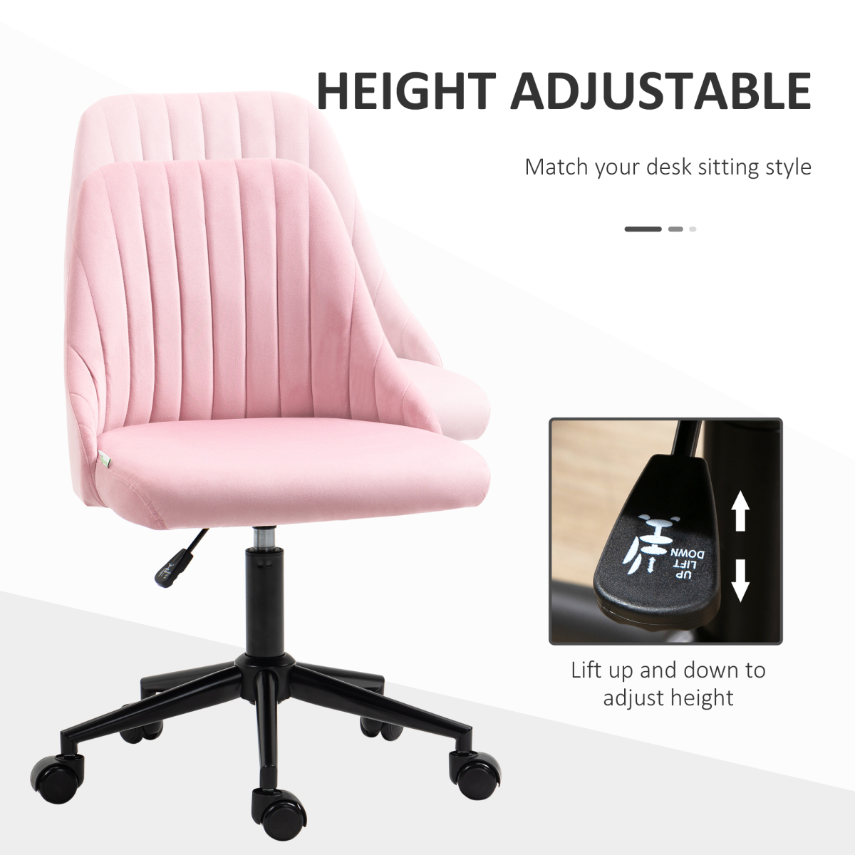 Vinsetto Pink Velvet Office Chair with Adjustable Height and Wheels